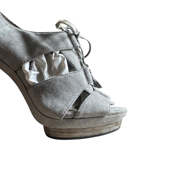 Coach Teagan Genuine Suede Leather Lace Up Open Toe High Heels In Gray Size 7 - Picture 7 of 12